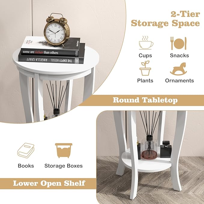 Giantex Round End Table, 2 Tier Side Table with Storage Shelf, Retro Nightstand with Solid Wood Legs, 18" x 18" Accent Table for Corner Small Spaces, Tall Night Stand for Living Room Bedroom, White