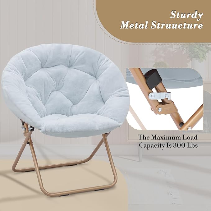 Athena Collection Saucer Chair with Ottoman Comfy Chair for Bed Room Living Room Folding Round Cozy Chair Faux Fur Metal Frame Foldable Lazy Chair Accent Chair Reading Chair Set of 2, Blue