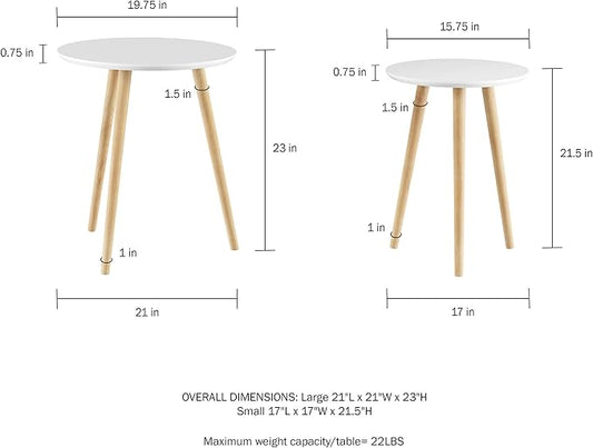 Nesting Side Tables - Set of 2 Round End Tables for Living Room, Bedroom, or Home Office - Accent Table Set - Mid-Century Modern Living Room Furniture by Lavish Home (White/Natural)