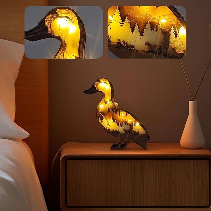 3D Wooden Carving Animals Lamp - Creative Fox Squirrel Wood Carved LED Night Light Garden Yard Wooden Animals Sculpture Ornaments Desktop Home Decor Birthday Gifts for Family Friend (Muscovy Duck)