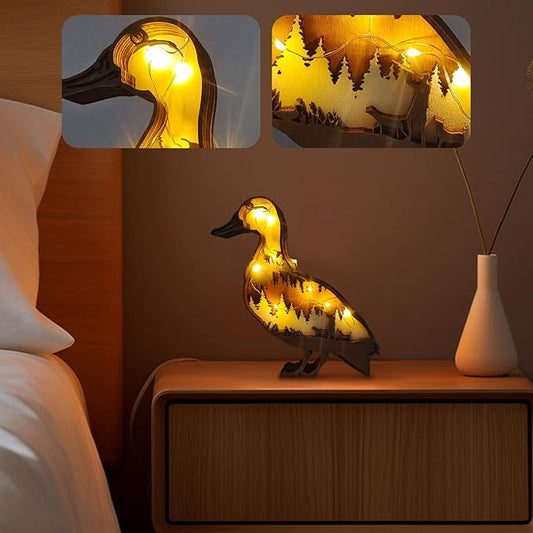 3D Wooden Carving Animals Lamp - Creative Fox Squirrel Wood Carved LED Night Light Garden Yard Wooden Animals Sculpture Ornaments Desktop Home Decor Birthday Gifts for Family Friend (Muscovy Duck)