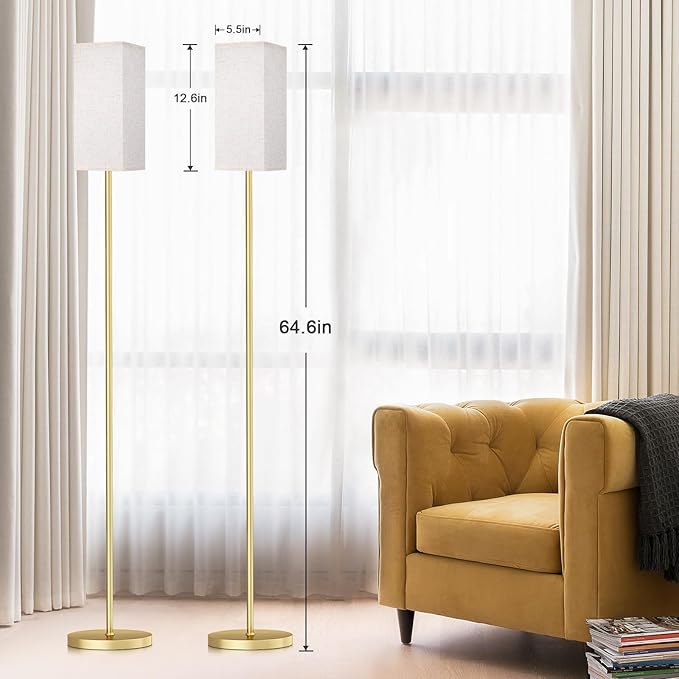 Ambimall 2 Packs Remote Control Floor Lamp, Stepless Dimmable, 64 Inches Tall, Include 9W Bulb, Standing Lamp for Living Room Bedroom Office (Light Beige & Gold)