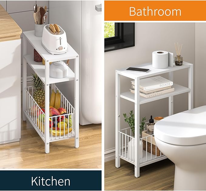 Yoobure Narrow Side Table with Storage Basket, Small End Table for Small Spaces, Skinny Side Tables Living Room Bedroom Office, Slim Nightstand 3 Tier Bedside Table Space-Saving for Magazine, White