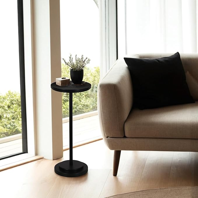 Drink Table, Carved Table Top Martini Table, Small Side Table, Weighted Base Pedestal Table for Living Room, Bedroom, Modern, Black, 1-Pack