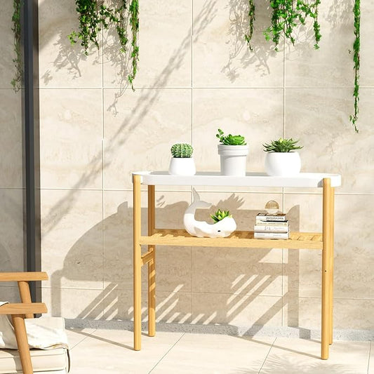 Wisuce Bamboo Plant Stands Indoor, 2 Tier Steel Tray Tall Corner Plant Stand Holder & Plant Display Rack for Outdoor Garden Indoor Home (1 - 2 Tier)