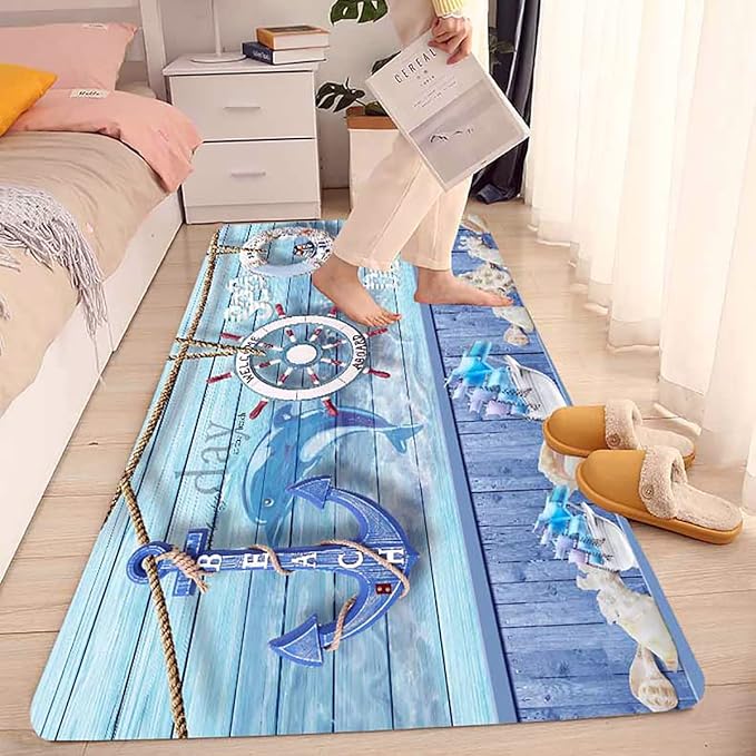 Bath Rugs Sponge Foam Absorbent Soft for Bathroom and Kitchen (47x18 inches), Flannel Mat Non Slip Bright 3D Print for Bedside and Living Room(Nautical Anchor Helmsman)