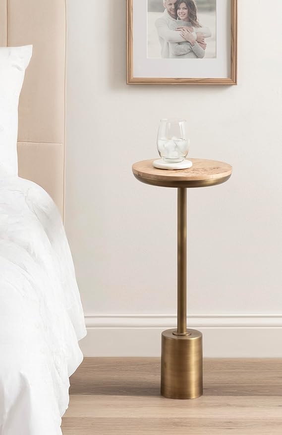 Kate and Laurel Xyler Modern Round Wood and Metal Drink Table, 10 x 10 x 24, Burlwood and Antique Brass, Transitional Pedestal Table for Use as Indoor Plant Stand or Living Room Decor Accent