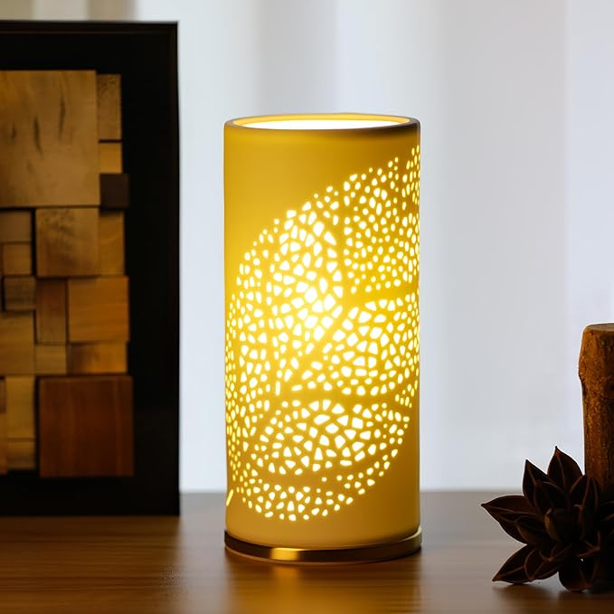 Small Modern Ceramics Bedside Table Lamp, 4.5 x 4.5 x 9.75 Inch White Olive Leaf Style Nightstand Lamps, Side Table Lamps for Bedroom Living Room Entryway Table Light