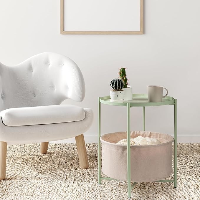 danpinera Round Side Table with Fabric Storage Basket, Metal Side Table Small Bedside Nightstand with Removable Tray Top for Living Room, Bedroom, Nursery, Laundry, Light Green