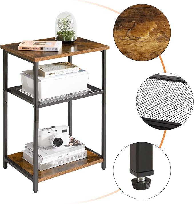 IBUYKE Side Table,3-Tier End Table, Industrial Nightstand Small Table with Storage Shelf, for Bedroom, Living Room, Hallway, with Metal Frame,Rustic Brown UTMJ403H
