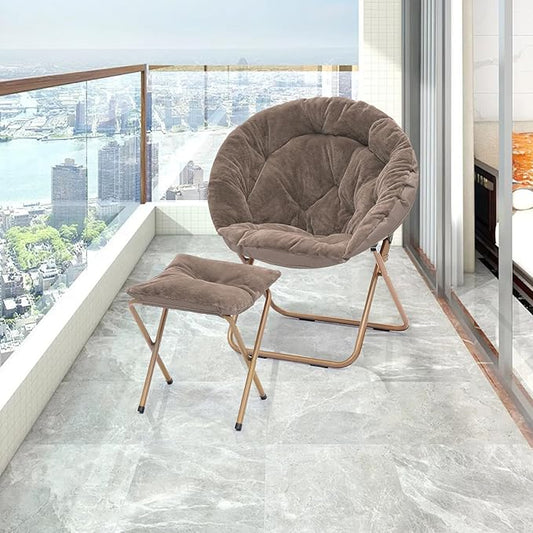 Athena Collection Saucer Chair with Ottoman Comfy Chair for Bed Room Living Room Folding Round Cozy Chair Faux Fur Metal Frame Foldable Lazy Chair Accent Chair Reading Chair, Brown