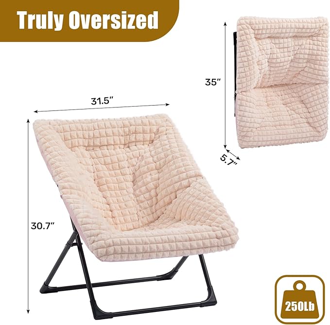 HollyHOME X-Large Saucer Chair, Comfy Oversized Folding Chair, Faux-Fur Reading Chair for Teens, Adults, Foldable Accent Chair, Metal Lounge Chair for Living Room, Bedroom, Dorm, Grid Champagne Pink