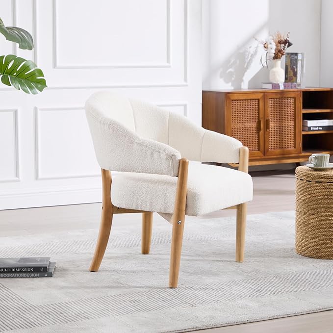HEAH-YO Modern Accent Chair Set of 1,Upholstered Sherpa Living Room Chair,Reception Armchair with Solid Wood Legs,Reading Leisure Chair for Bedroom Makeup Vanity,White