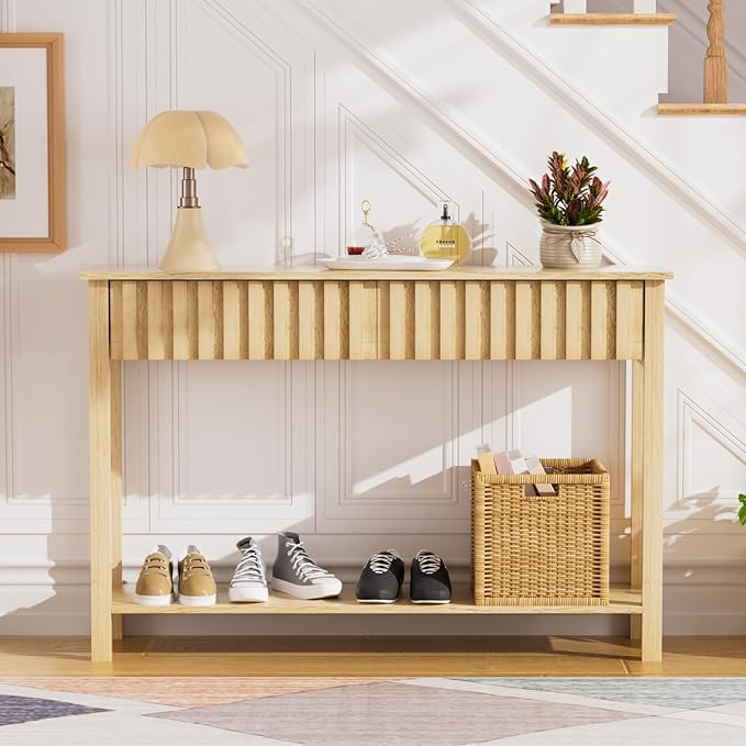 CHUWELL 47.2" Boho Entryway Table, Entryway Console Table with 2 Fluted Drawers and Shelf, Sofa Table for Living Room and Hallway (Oak)