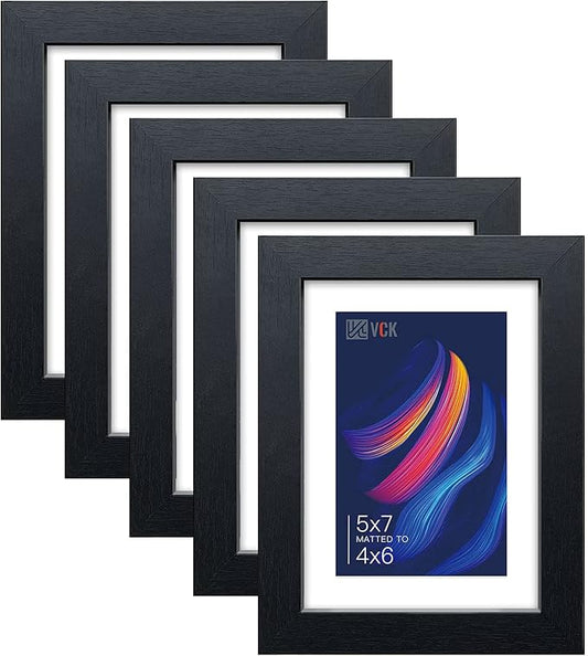 VCK 5x7 Picture Frame Black Set of 5, Textured Exclusive Wooden Photo Frames with HD Glass | Matted to 4x6 or 5x7 without Mat