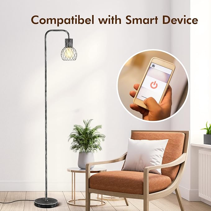 Industrial Floor Lamp, Antique Silver Standing Lamp Modern with 6W LED Bulb, Foot Switch, Metal Tall Lamps for Living Room, Bedroom, Office, Den, Vintage Stand Up Lamp, Minimalist Farmhouse Floor Lamp