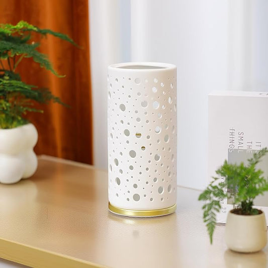 Small Modern Ceramics Bedside Table Lamp, 4 x 4 x 8 Inch White Round Hole Style Nightstand Lamps, Side Table Lamps for Bedroom Living Room Entryway Table Light