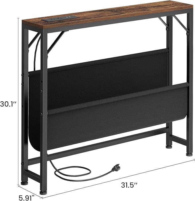 31.5'' Small Console Table with Charging Station and Storage, Narrow Sofa Table with Power Outlets, Behind The Couch Table, for Living Room, Foyer, Entryway, Hallway, Rustic Brown