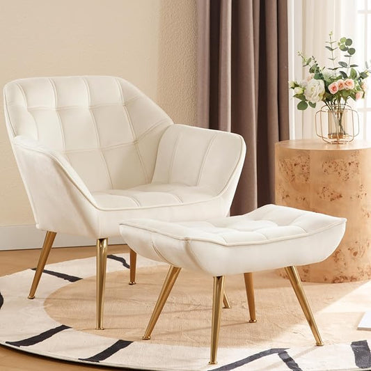 Beige Velvet Accent Chair with Ottoman ，Modern Reading Chair with Ottoman Set, Comfy Fuzzy Armchair Living Room Chair Lounge Chairs with Metal Legs for Small Spaces Bedroom Apartment