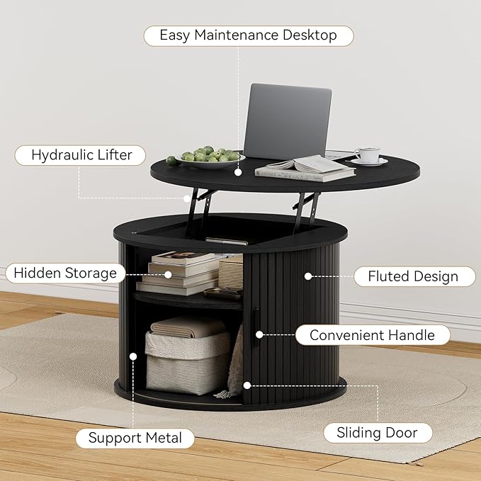 FABATO Round Lift Top Coffee Table, Fluted Wood Accent Coffee Table with Hidden Storage and Open Shelves, Drum Table with Sliding Rolling Door, Small Center Table Dining Table for Living Room, Black