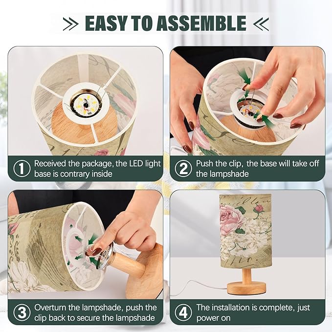 Bolaz Small Table Lamp for Bedroom Vintage Shabby Chic Pink Rose Flowers Table Lamp Nightstand Lamp for Livingroom Office Reading Working Table Desk