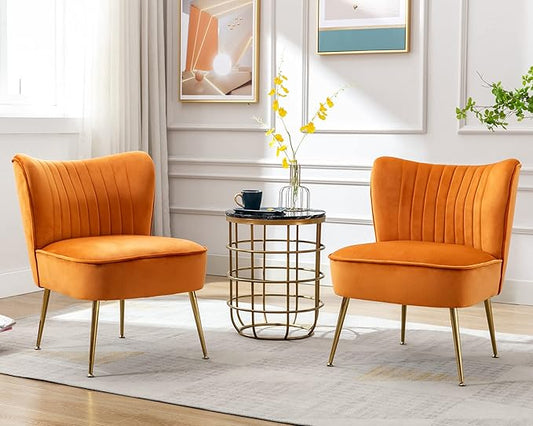 Velvet Accent Chairs Set of 2 for Comfy Living Room Armless Slipper Chair Mid Century Side Chair Single Sofa with Golden Legs Wingback for Bedroom Guest Room, Orange
