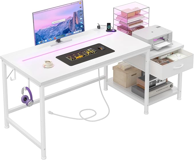 Computer Desk with Printer Shelf & Storage Shelves,48.1 Inch Gaming Desk with LED Lights & Power Outlet,Office Desk with Headphone Hook,Reversible Corner Desk for Small Space,White