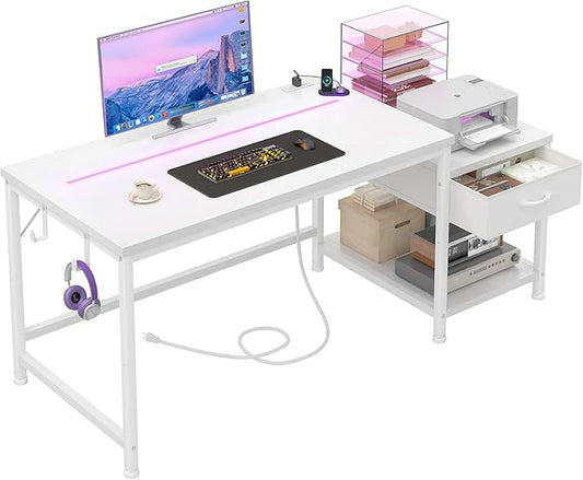 Computer Desk with Printer Shelf & Storage Shelves,48.1 Inch Gaming Desk with LED Lights & Power Outlet,Office Desk with Headphone Hook,Reversible Corner Desk for Small Space,White