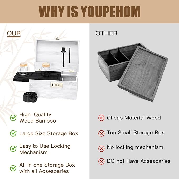 Large bamboo box, locked storage decorative box with combination lock, wooden lock box with lid, wooden locked storage box with removable tray and jars（White&Black）