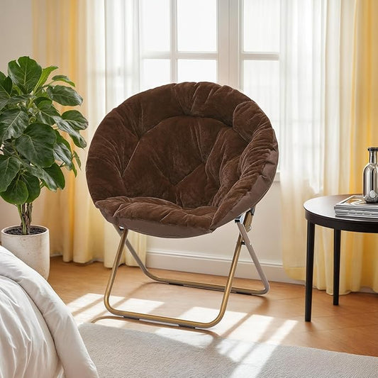 Athena Collection Comfy Saucer Chair Folding Cozy Chair for Bed Room Living Room Accent Chair Faux Fur Reading Chair Foldable Metal Frame Lazy Chair Moon Chair for Adult, Brown