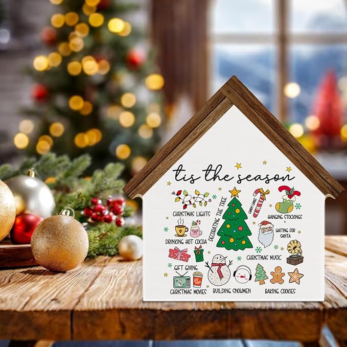Christmas Home Decor, Xmas Tis the Season House Shaped Wood Block Sign Santa Gingerbread Hot Cocoa Decor, Christmas Holiday Home Living Room Decorations for Desk Table Shelf