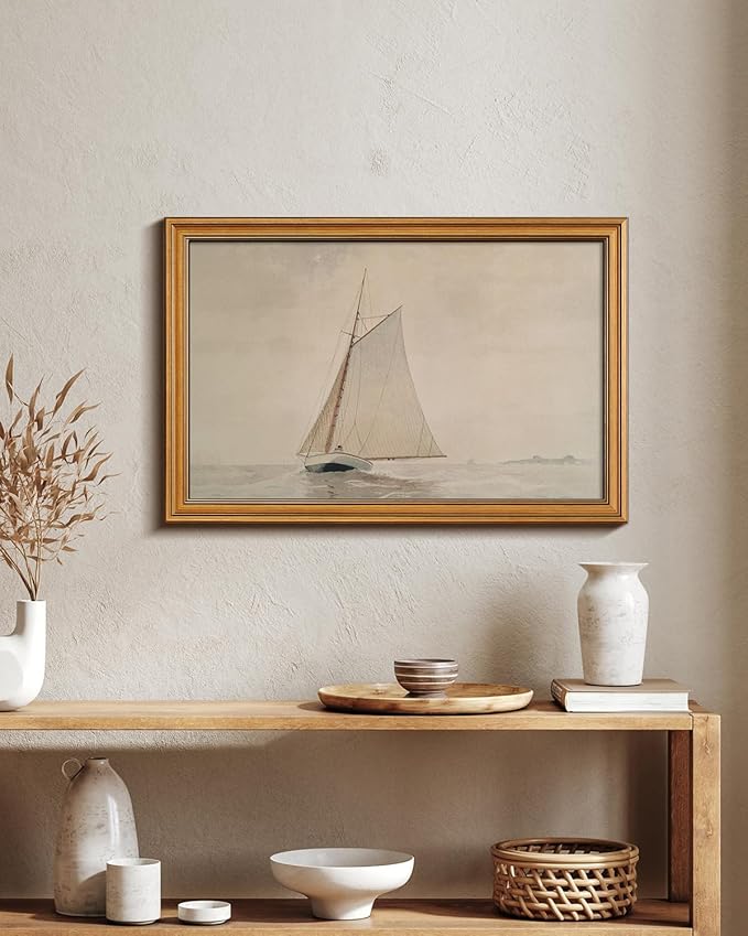 HUARCEY Gold Framed Vintage Wall Art for Living Room, Seaview Painting Prints Shelf Decor for Kitchen, Aesthetic Bedroom Large Wall Art, Gifts for Friends or Family (White Sailboat - 16"x24")