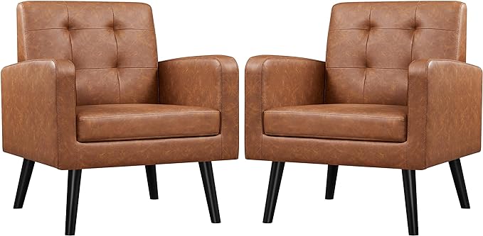 Yaheetech Mid-Century Accent Chairs, PU Leather Modern Upholstered Living Room Chair, Cozy Armchair Button Tufted Back and Wood Legs for Bedroom/Office/Cafe, Retro Brown 2 PCS