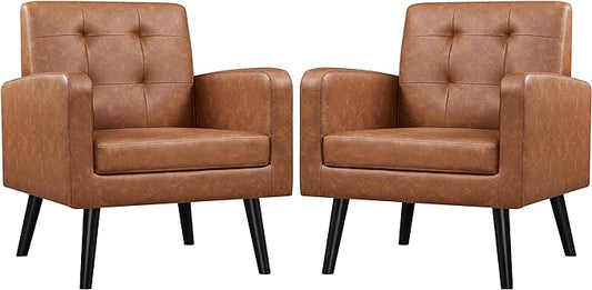 Yaheetech Mid-Century Accent Chairs, PU Leather Modern Upholstered Living Room Chair, Cozy Armchair Button Tufted Back and Wood Legs for Bedroom/Office/Cafe, Retro Brown 2 PCS