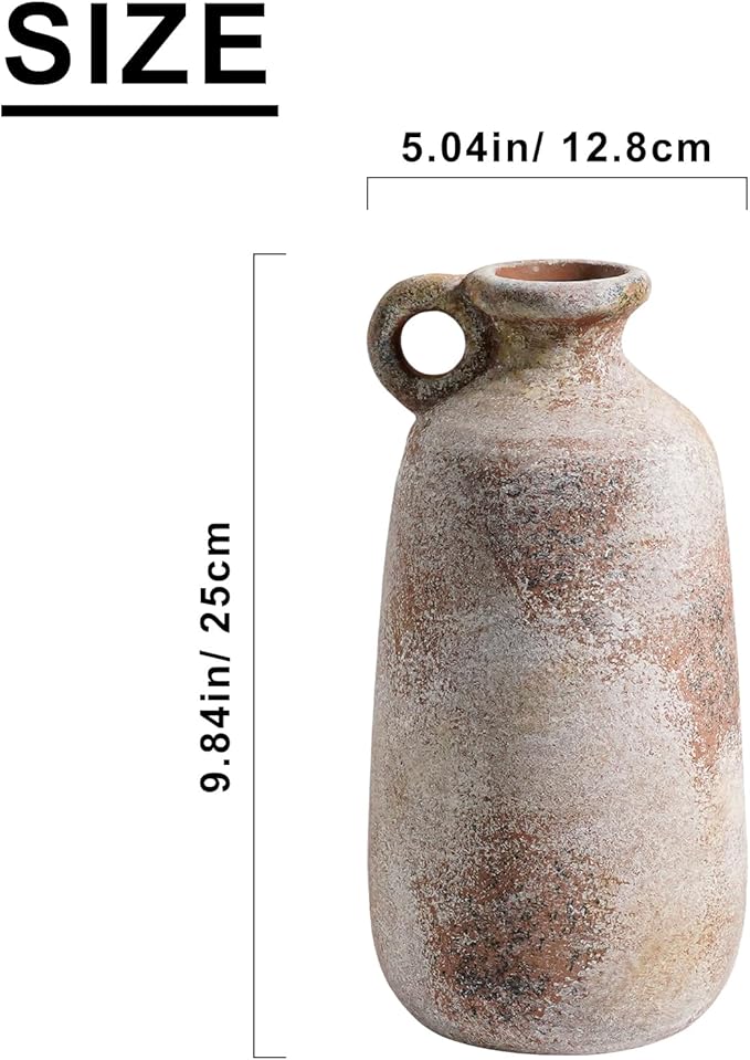 Sunddo 10 Inch Rustic Terracotta Ceramic Vase, Farmhouse Vintage Flower Vase with Handle, Centerpiece Table Decorations, Living Room Kitchen Bedroom Desk Shelf Decor Gift
