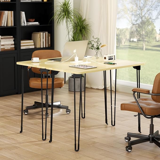 Mini Desk No Assembly Required, 31.5" Small Desk for Bedroom with Power Outlet & Hairpin Legs, 31.5" Foldable Desks for Small Spaces & Home Office, Beige Floor Patten