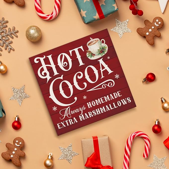 Hot Cocoa Bar Decorations - Christmas Decor, Hot Chocolate Bar Wooden Sign, Home Kitchen Decor for Desk Table Shelf 5 X 5 Inches