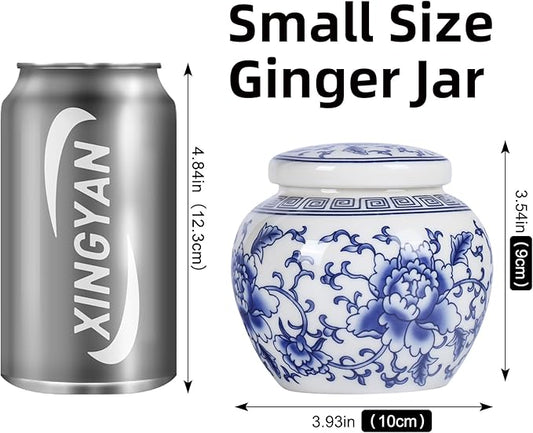 XINGYAN Chinese Traditional Blue and White Porcelain Ceramic Small Ginger Jar with Lid,for Tea Storage,Home Decorative,Home Decor Jar,Bud vase (Model-2)