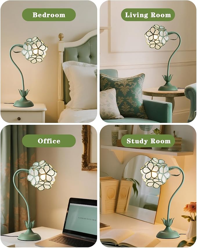 Flower Table Lamp, Vintage Green Floral Desk Light with Artistic Glass Petal Shade, Cottagecore Ambient Bedside Nightstand Lamp for Bedroom, Living Room, Study, Gift