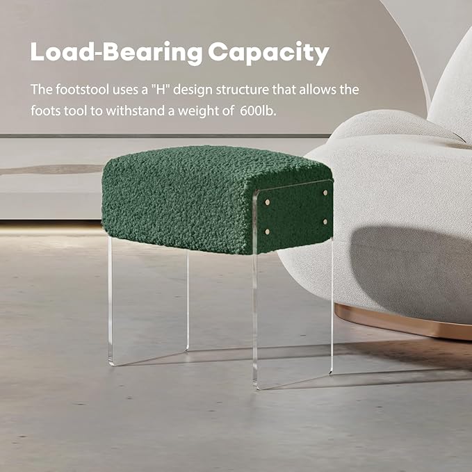 Soft Fluffy Stool, Modern Acrylic Footstool with Upholstered Seat, Fluffy Stool for Living Room Bedroom (Green)