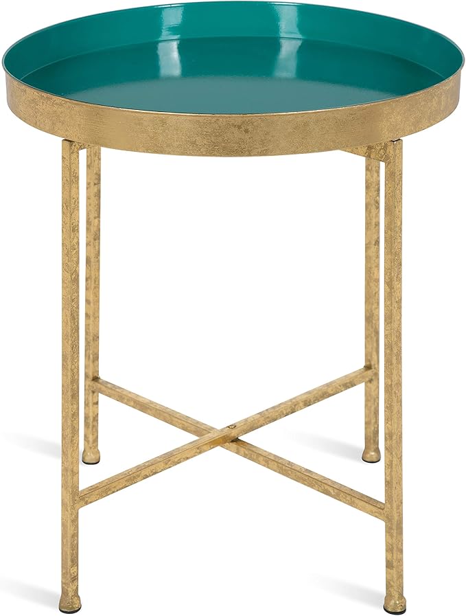 Kate and Laurel Celia Metal Foldable Round Accent Table, 18.25" x 18.25" x 22", Teal and Gold, Modern Minimalist Design and Detachable Magnetic Tabletop