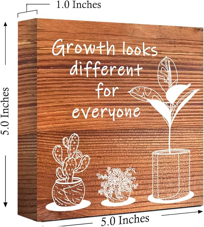 LVQHI Inspirational Wood Block Sign,Growth Looks Different for Everyone Plant Motivational Wooden Block Sign for Home Bedroom Office Desk Table Decor,Inspirational Cheer Up Gift for Coworker Burlywood