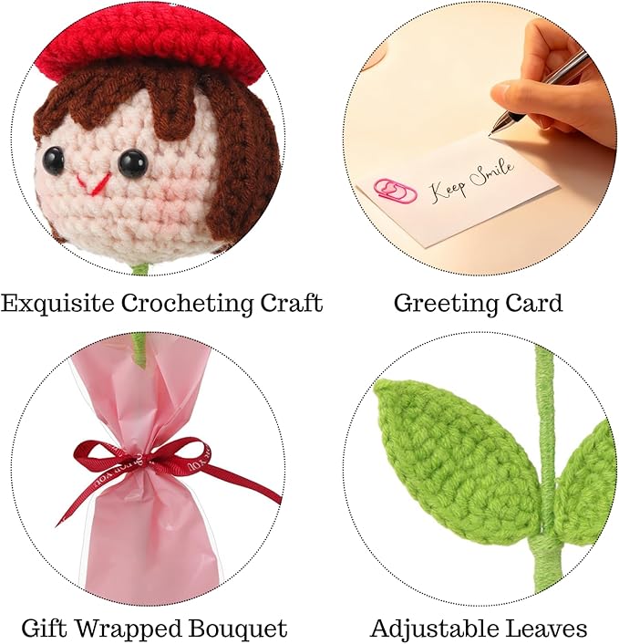 Crochet Handmade Flower Doll Bouquet Gift for Her, DIY Knitted Gifts for Home Office Desk Decor, Gift Ideas for Daughter Girl Girlfriend