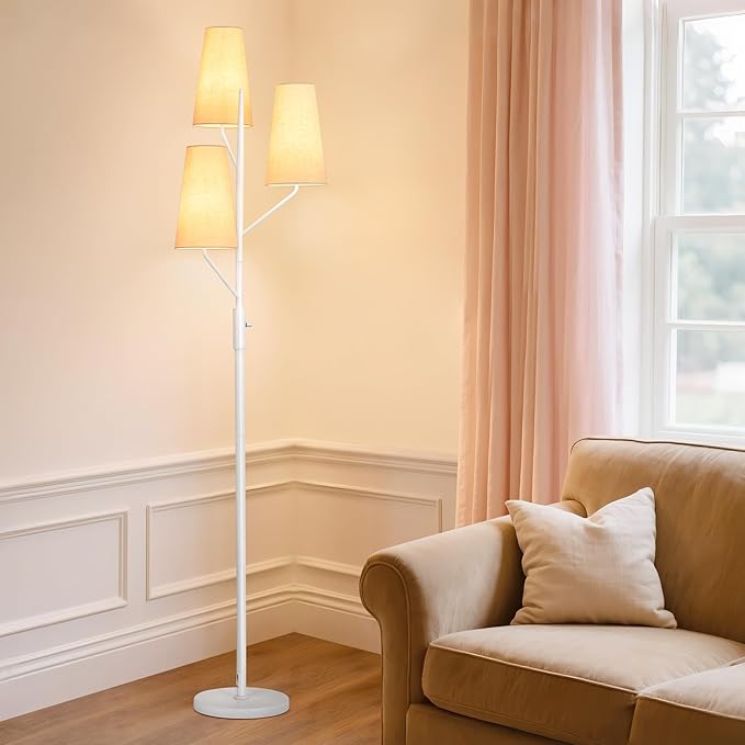 Industrial Floor Lamp for Living Room, 70" Tall 3-Light Tree Standing Lamp with White Pole, Farmhouse Rustic Reading Floor Lamps for Bedroom, Office and Study(Bulb Not Included)