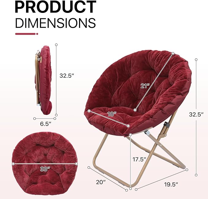Athena Collection Comfy Saucer Chair Folding Cozy Chair for Bed Room Living Room Accent Chair Faux Fur Reading Chair Foldable Metal Frame Lazy Chair Moon Chair for Adult, Red