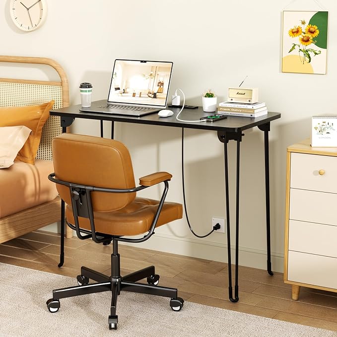 Folding Desk, 31.5" Hairpin Legs Small Desk with Power Strip for Bedroom, Space Saving Foldable Computer Desk for Home Office, No Assembly Need, Black