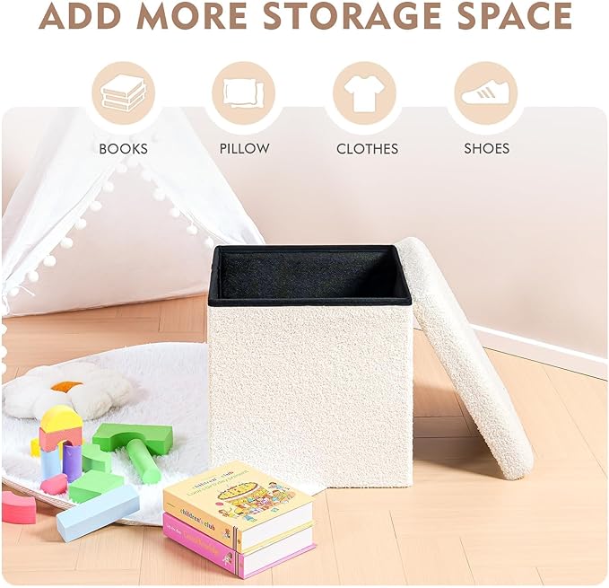 B FSOBEIIALEO Small Storage Ottoman Cube Sherpa Ottomans Foot Rest, Foldable Boucle Ottoman, Faux Teddy Fur, Cream White 15"x15"x15"