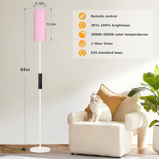 Ambimall 64'' Floor Lamps for Living Room with Remote Control and Stepless Dimmable Colors Temperature & Brightness, 9W Bulb Included(Pink Lampshade & White Pole)