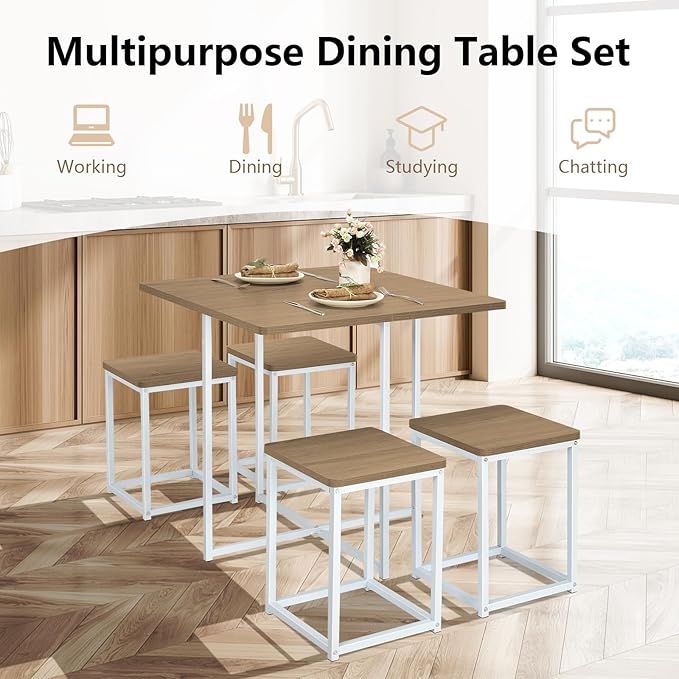 COSTWAY 5 Piece Dining Table Set, Counter Kitchen Table and Chair Set for 4 Includes 1 Square Table and 4 Stools, Space-Saving Pub Dining Set for Living Room, Breakfast Nook, Coffee Shop (Natural)