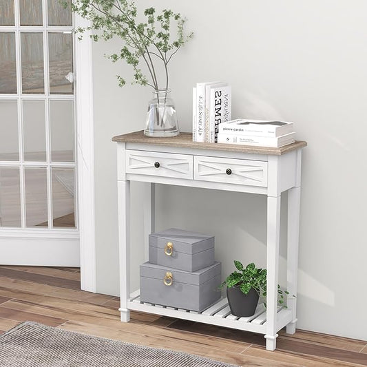 Kinfant Modern Console End Table with 2 Drawer and Storage Shelf for Entryway Living Room Hallway, White